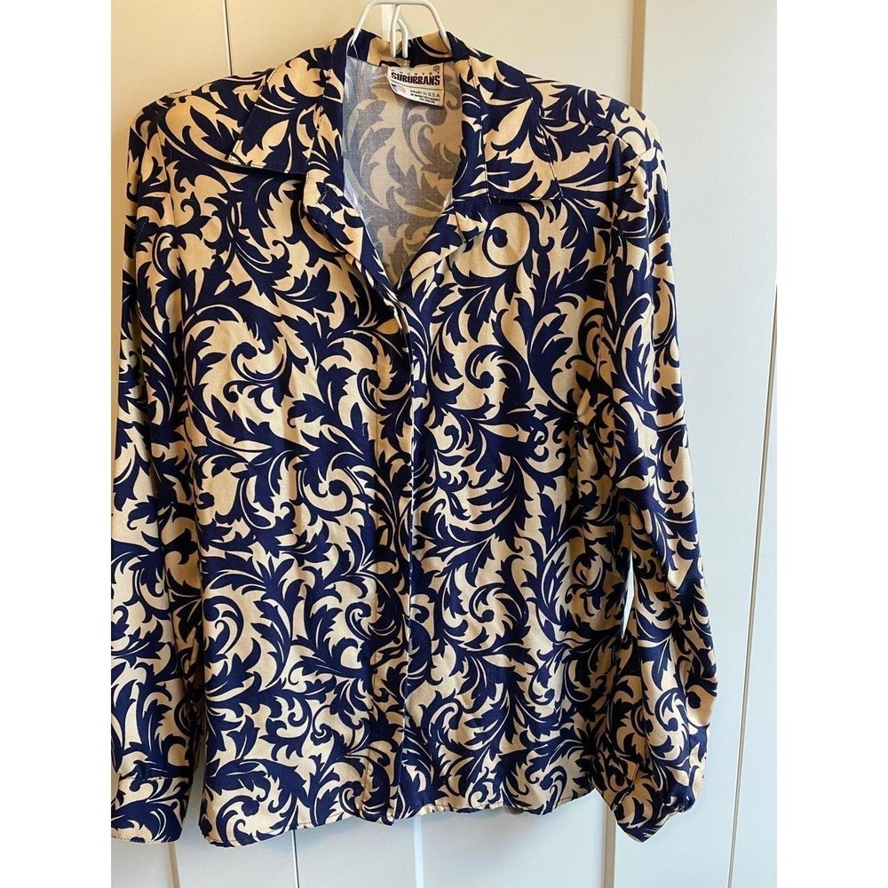 Country Suburbans Blouse Button Top USA 8 Blue Cream Imported Vintage sku61